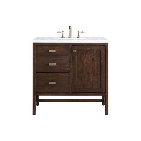 James Martin Vanities Addison 36in Single Vanity, Mid-Century Acacia w/ 3 CM Carrara White Top E444-V36-MCA-3CAR